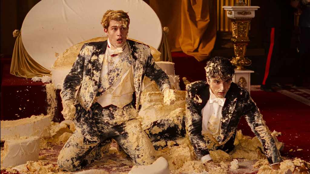 In the Red White and Royal Blue movie, Taylor Zakhar Perez and Nicholas covered in cake.