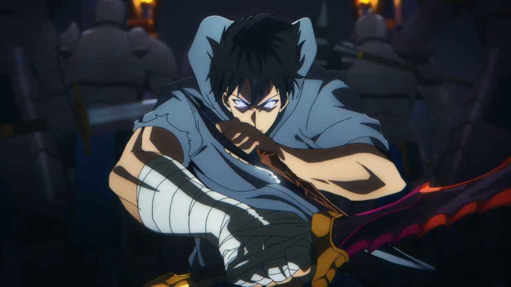 Jinwoo ready to fight, holding a dagger in each hand in Solo Leveling season 1.