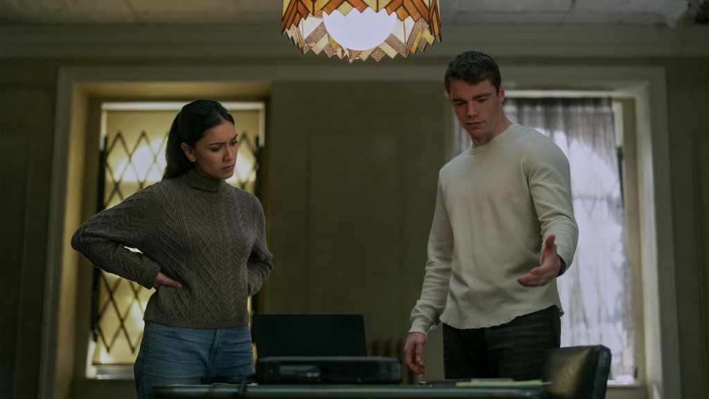 Luciane Buchanan, and Gabriel Basso in The Night Agent Season 2.