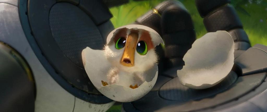 A still from The Wild Robot (2024) animated movie featuring a Gosling hatching and imprinting on the title character.