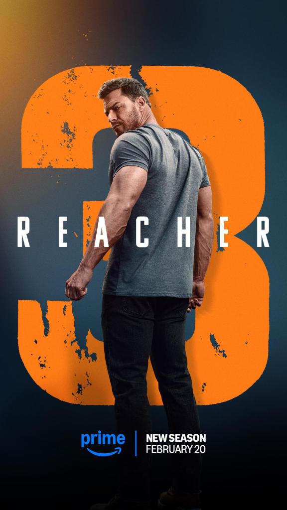 A promotional poster for Season 3 of 'Reacher' on Prime Video. The image features a muscular man with short, light brown hair and a beard (Alan Ritchson as Jack Reacher), wearing a fitted gray T-shirt and dark jeans. He stands with his back slightly turned, looking over his shoulder with an intense expression. Behind him, a large, bold, distressed orange number '3' is displayed on a dark blue background. The title 'REACHER' is written in white capital letters across the center of the poster. At the bottom, the Prime Video logo appears in blue, with the text 'NEW SEASON FEBRUARY 20' in white.