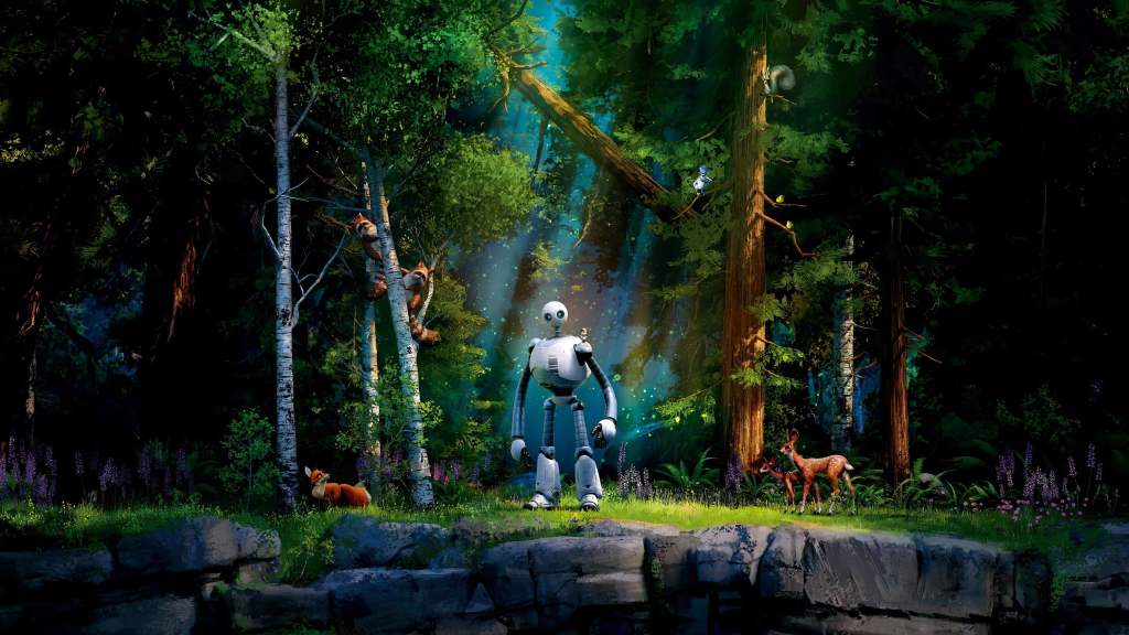 An image from The Wild Robot (2024) animated movie featuring a Robot standing by a cliff at th edge of a forest surrounded by different animals.
