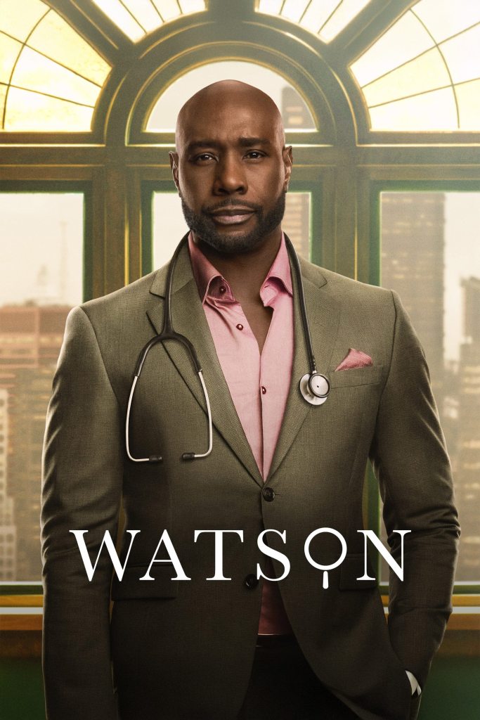 The image features Morris Chestnut as Dr. John Watson, standing confidently in a brown suit with a pink dress shirt, a stethoscope draped around his neck, and a doctor's bag in hand. Behind him, a large arched window with a cityscape view suggests a sophisticated, urban setting. The text 'WATSON' written in elegant, typography.