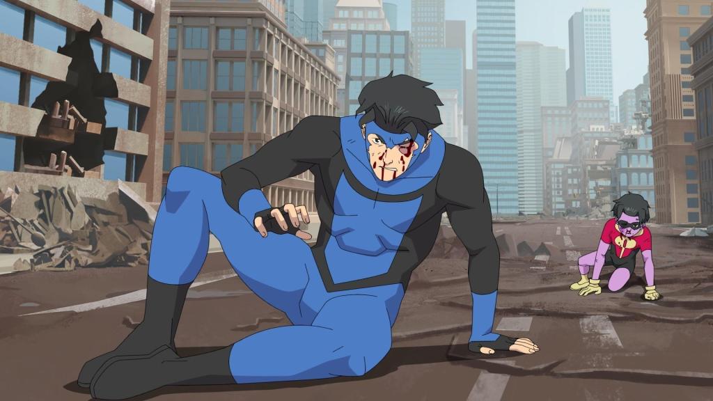 Invincible and Oliver on the ground catching their breath during a fight in invincible season 3