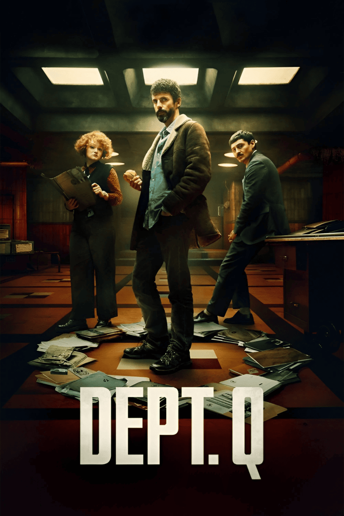 A promotional poster for Dept. Q TV series featuring three characters, one woman on the left with curly ginger hair holding an open file; and two men, on in the center holding a tennis ball standing in the middle of a circle of case files on the floor. The second men is on the left sitting on the edge of desk.