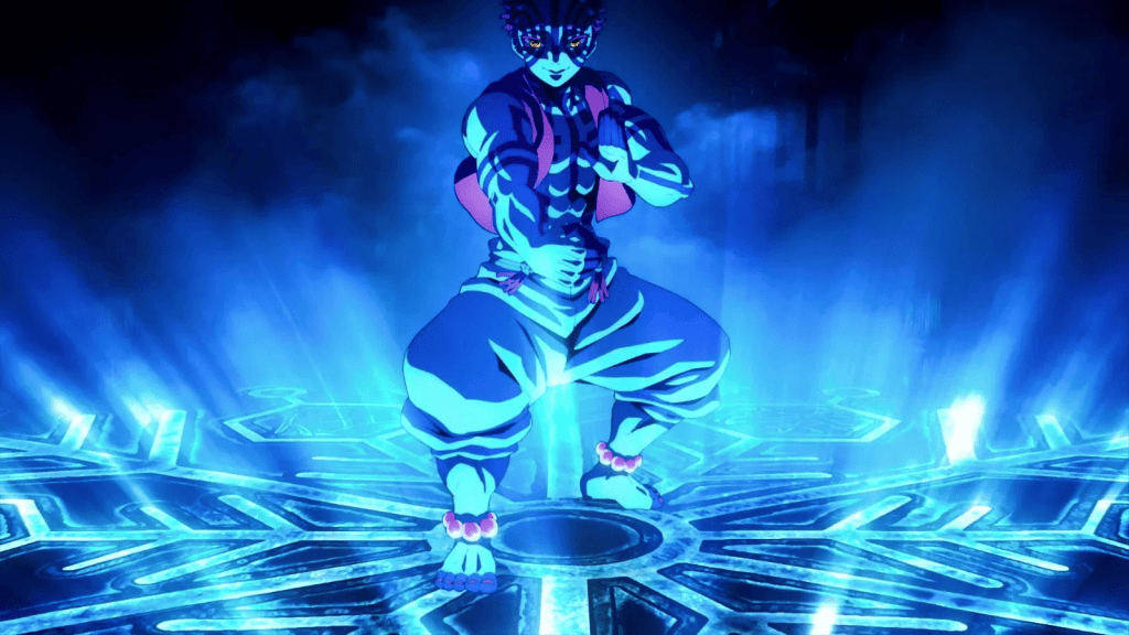 Akaza stands in a glowing blue aura, preparing for battle inside the Infinity Castle.