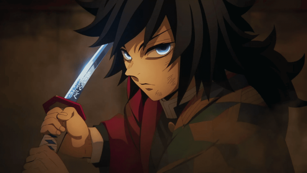 Giyu Tomioka, a warrior, with intense blue eye grips a glowing katana, ready for battle in Demon Slayer: Infinity Castle.