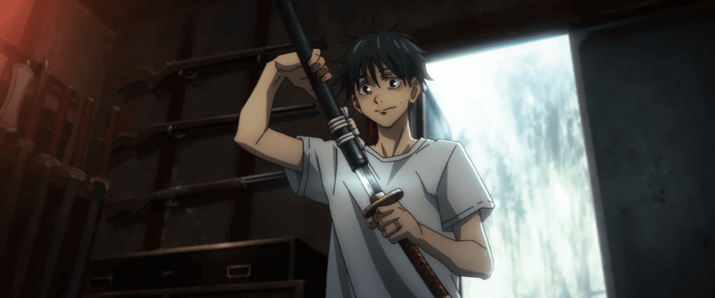 A hesitant looking young boy, Yuta, is unsheathing a katana in a room full of blades and guns on the walls.