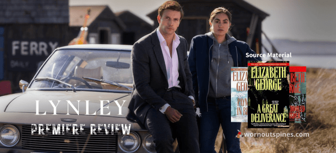 A Promotional banner from website 'wornoutspines.com' for the premiere review of the British Detective show Lynley (2025)