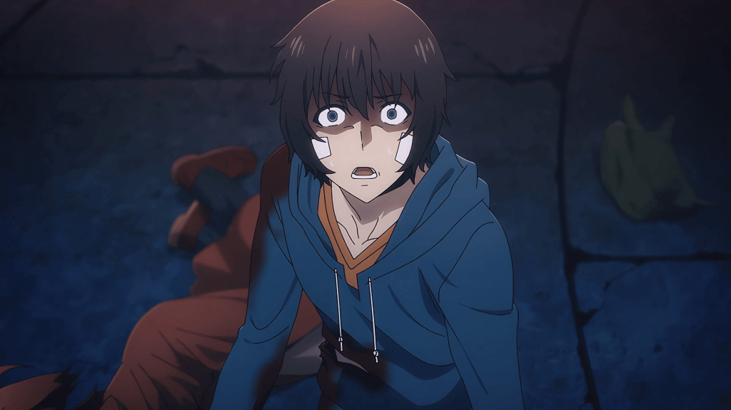 A skinnier Sung Jinwoo with bloody clothes, a terrified look on his fac, and an unconscious woman on the floor beside him.