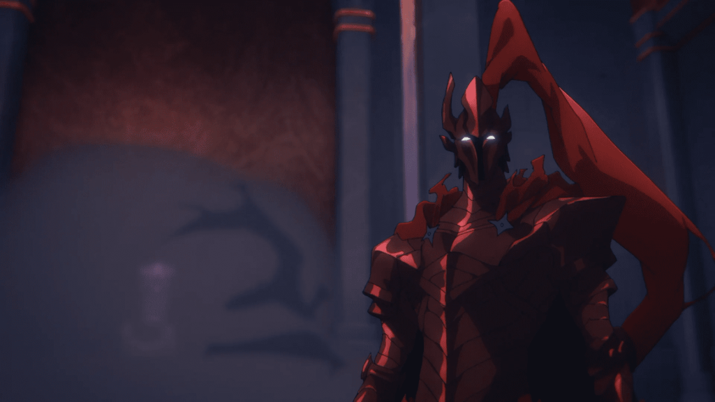 A knight in red armor, cape, and mane, looking intimidating.