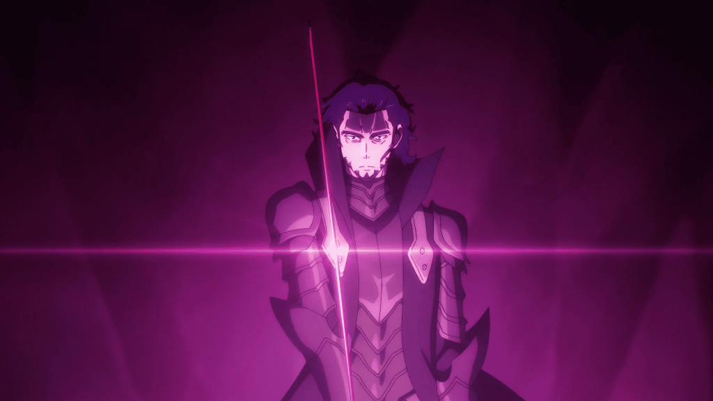 A man in armor, glowing purple light surrounds him, a still from anime solo leveling.