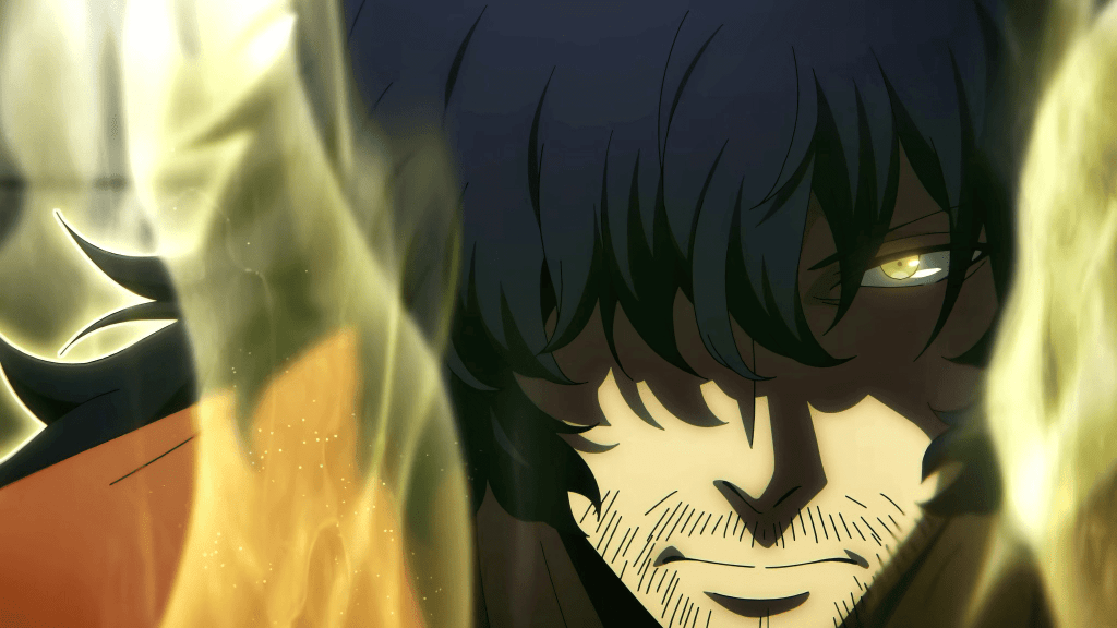 The face of a man with long black hair with one golden eye glowing. A yellow glow surrounds him. A still from anime solo Leveling.