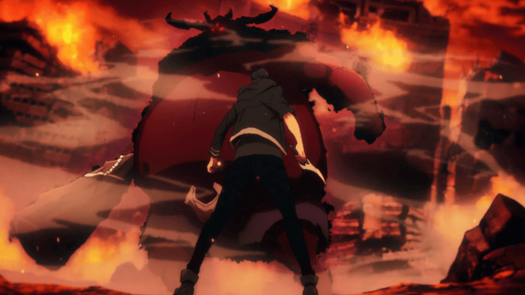 Jinwoo Sung from anime Solo Leveling holding a dagger ready to fight a demon holding a cudgel.