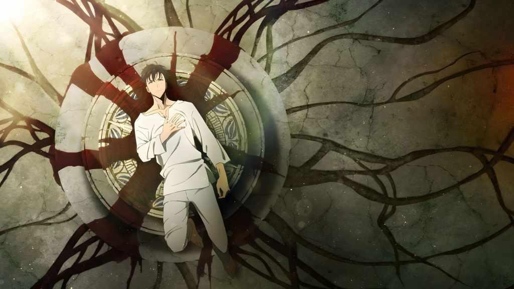 A skinnier Sung Jinwoo with bloody clothes, a terrified look on his fac, and an unconscious woman on the floor beside him.