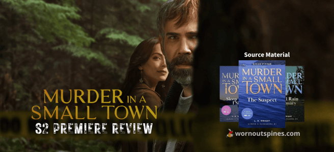 Promotional banner for Murder in a Small Town Season 2 Premiere featuring, a brooding man peers from the shadows of a forest, while a woman stands behind him, half-lit by the fading light.