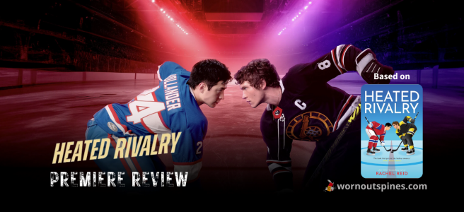 Two hockey players from opposing teams crouch face-to-face on the ice in a tense standoff, under the title Heated Rivalry: Premiere Review, with the book cover of Heated Rivalry by Rachel Reid displayed on the right.