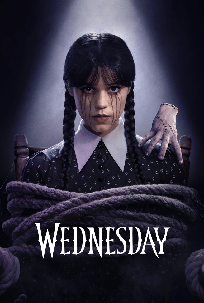 Jenna Ortega as Wednesday Addams with braided hair sits in a chair, bound with rope, with a pale, disembodied hand resting on her shoulder. The word "Wednesday" appears at the bottom.