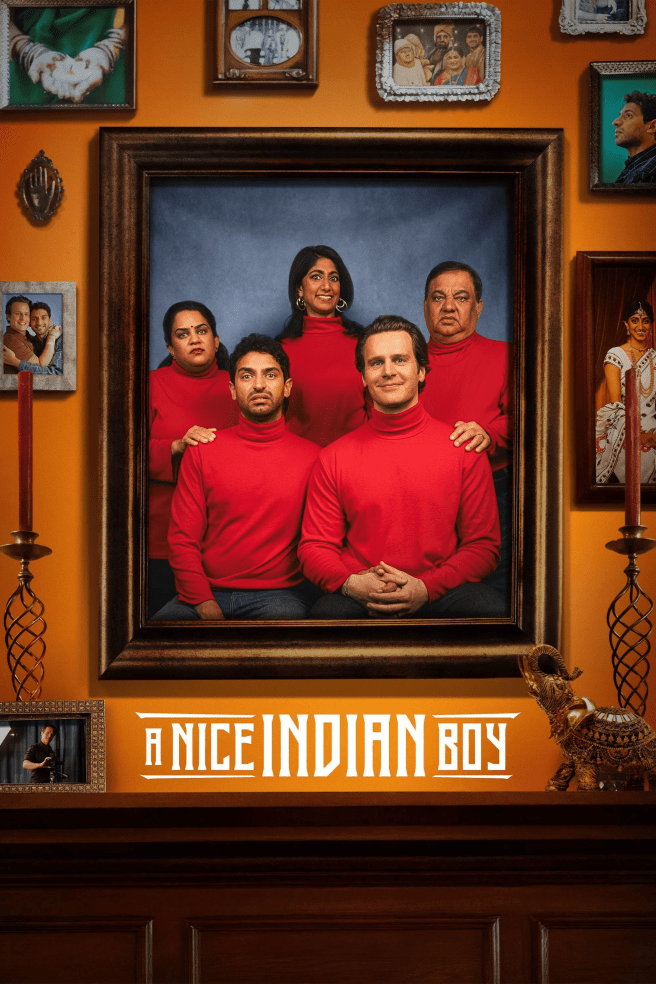 Movie poster for A Nice Indian Boy featuring A formal family portrait of six individuals, all wearing matching red turtleneck sweaters