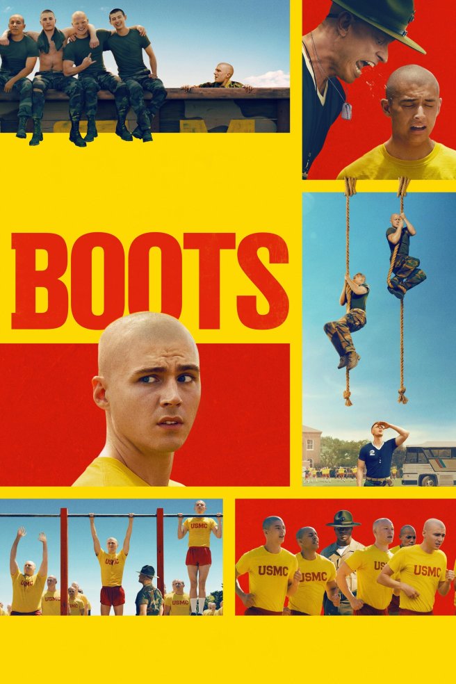 Poster for Netflix's Boots featuring Collage of images depicting individuals in military training