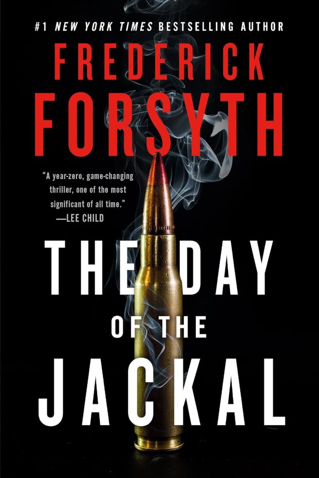 Book cover for "The Day of the Jackal" by Frederick Forsyth, featuring a bullet with smoke rising against a black background.