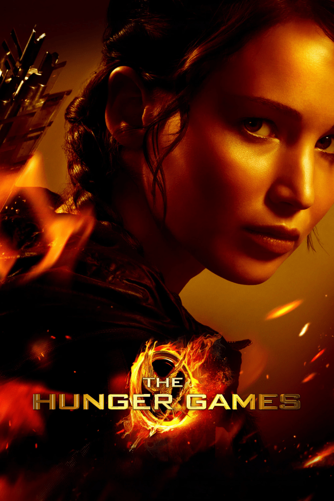 Movie poster for The Hunger Games featuring a close-up of a Jennifer Lawrence as Katniss Everdeen with a determined expression on her face, with a quiver of arrows on her left shoulder.