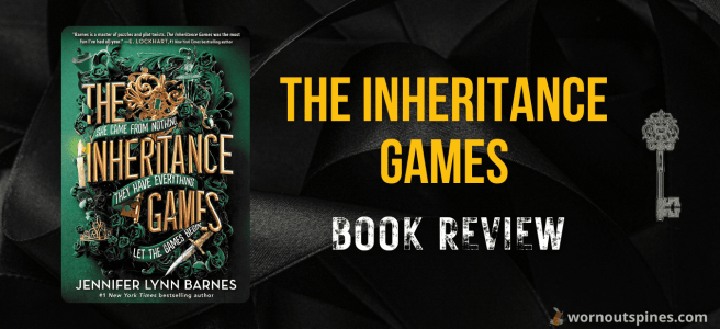 Book cover for "The Inheritance Games" by Jennifer Lynn Barnes, with a background of black ribbon and the text "THE INHERITANCE GAMES BOOK REVIEW".
