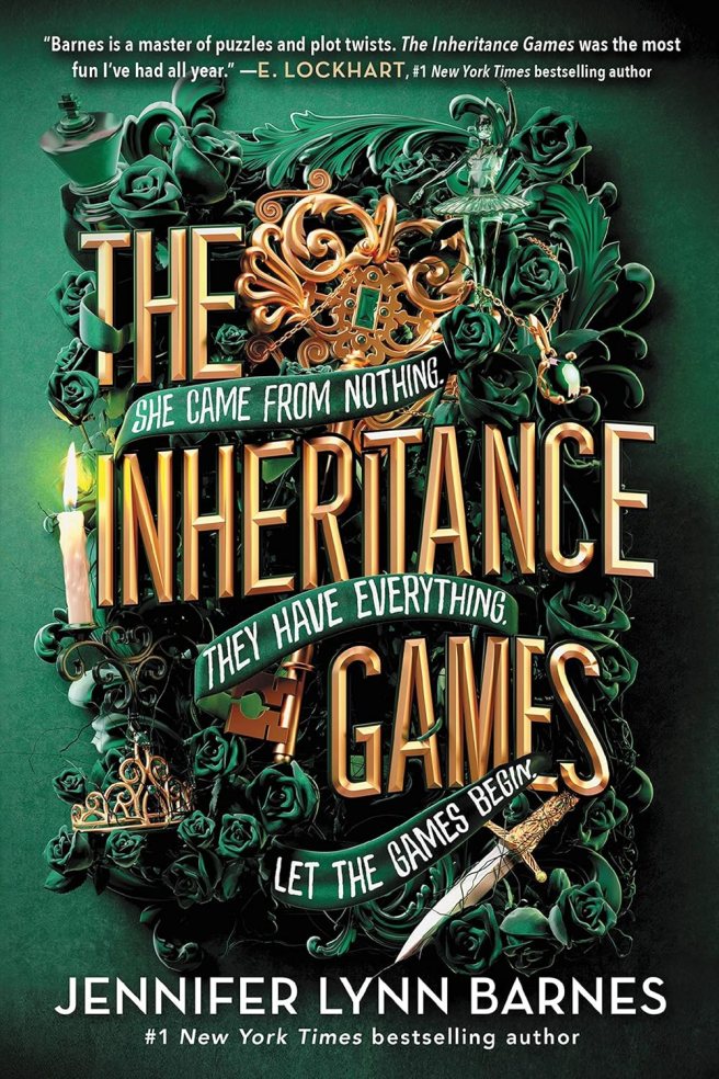 Book cover for "The Inheritance Games" by Jennifer Lynn Barnes, featuring golden 3D title text surrounded by lush green roses, ornate gold keys, a crown, a chessboard queen, a candle, and a dagger.