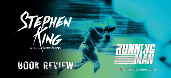 Book review banner for Stephen King's "The Running Man" featuring a stylized silhouette of a person running against a blurred green and blue background.