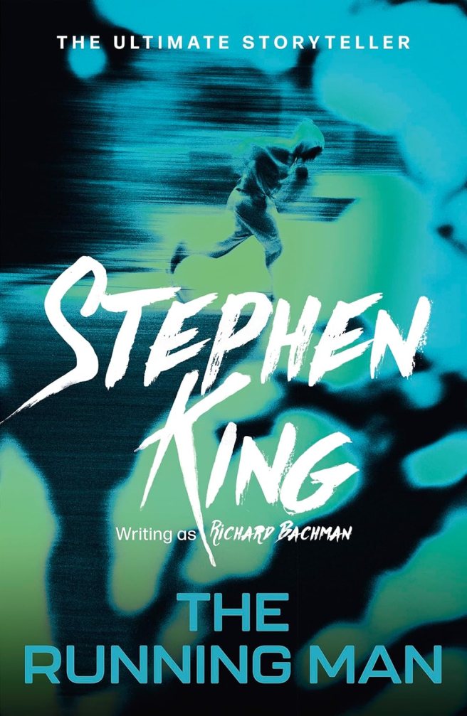 Book cover for "The Running Man" by Stephen King, writing as Richard Bachman, featuring a blurred figure in a hooded sweatshirt running against a backdrop of abstract blue and green streaks.