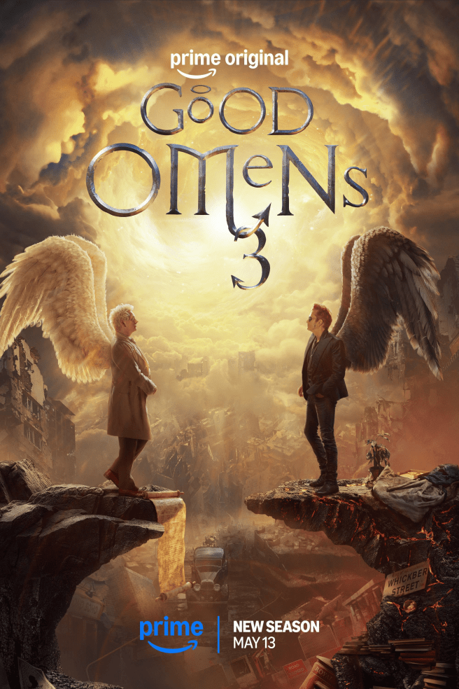 Promotional poster for "Good Omens 3" featuring two figures with wings standing on cliffs above a ruined city under a dramatic sky.