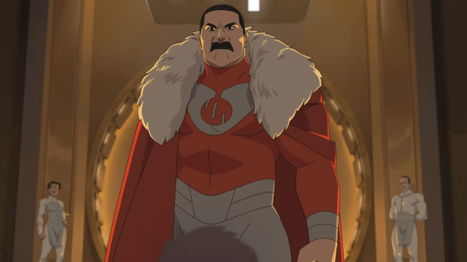 A stern-faced Thragg stands center-frame, facing the viewer. Two Viltrumites in white uniforms in the background.
