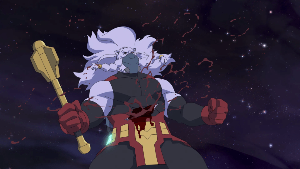 A blood-splattered, Battle Beast / Thokk with a wound in its chest, holding his mace weapon.