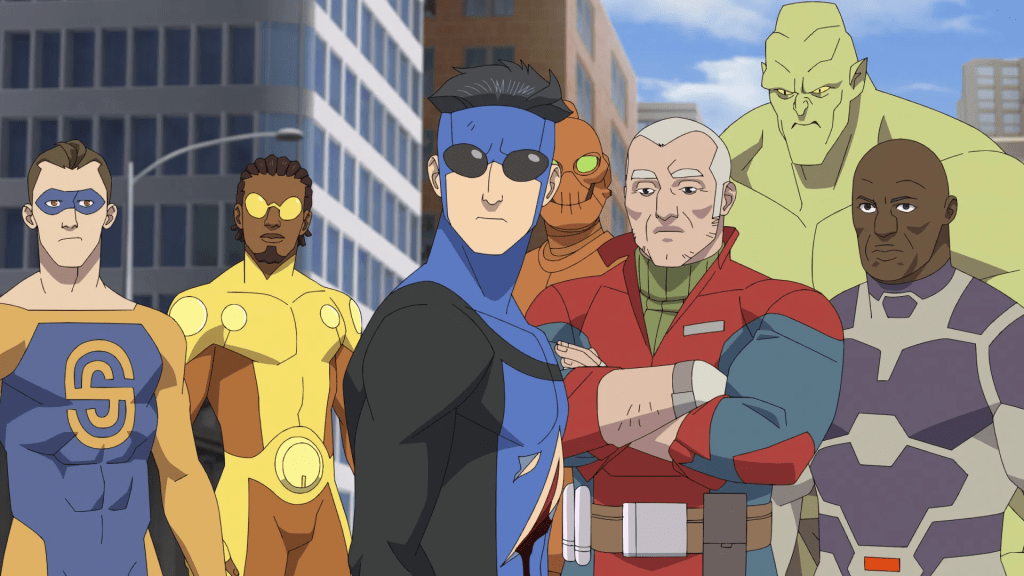 Invincible in front of a group of superheroes standing in a line with a city skyline in the background. Invincible season 4