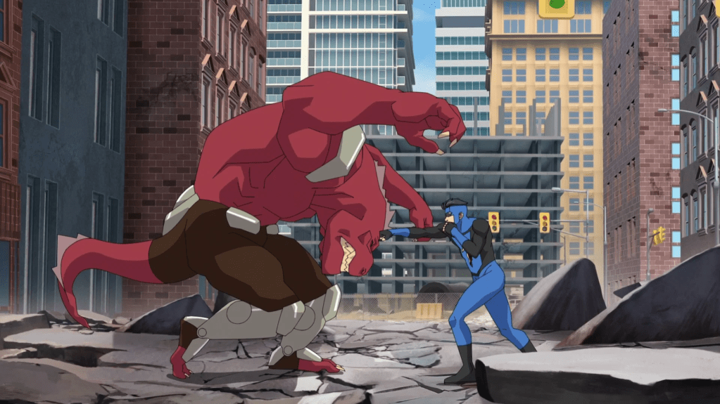 Invincible fighting Dinosaurus (a large, muscular, red, reptilian creature with metallic limbs and brown shorts) in a destroyed city street in Invincible season 4.
