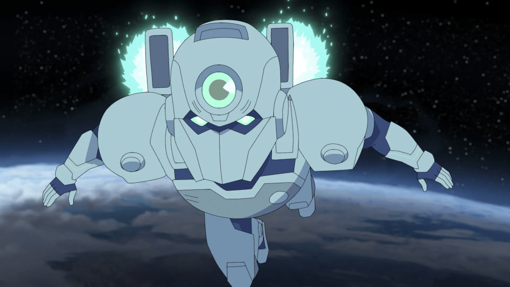 Tech Jacket flying through space with a planet visible below and stars in the background.