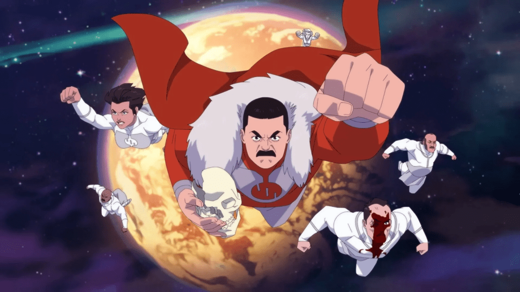 Thragg looking menacing, holding a skull, flying forward in space with other Viltrumites in white suits fly around him.