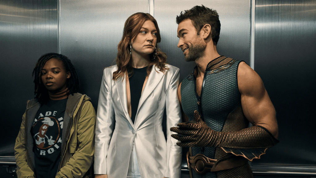 Sister Sage, Ashley, and the Deep in an elevator in The Boys season 4