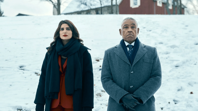 Victoria Newman and Stan Edgar in stand in a snowy landscape in The Boys season 4.