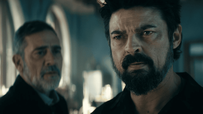 Karl Urban as Billy Butcher in the foreground, Jeffrey Dean Morgan as joe Kessler in The Boys Season 5.