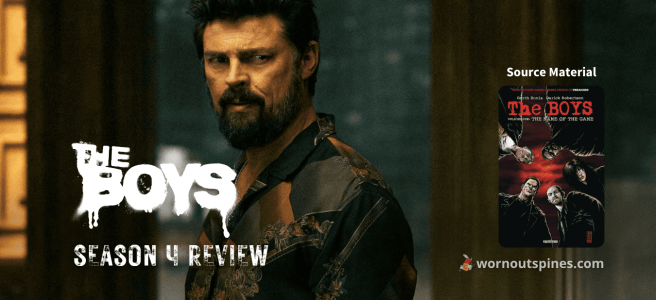 Promotional banner for Season 4 review of the Boys by wornoutspines.com featuring Karl Urban as William Butcher.
