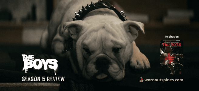 Promotional banner for The Boys season 5 from site "wornoutspines.com" featuring a spiked collar English Bulldog lying on a mat.
