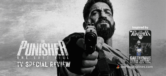 Black and white image of Jon Bernthal as Franck Castle holding a gun pointed forward for the review banner for The Punisher one last kill.
