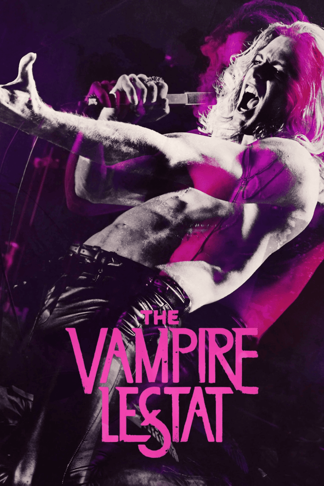 A stylized, dramatic image promoting "The Vampire Lestat," featuring a shirtless man with long blonde hair, passionately singing into a microphone with his mouth open wide, illuminated by vibrant pink and purple hues.
