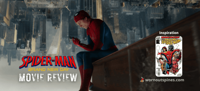Tom Holland as Peter Parker in his Spider-Man costume sits on a ledge overlooking an inverted cityscape while looking at his phone.