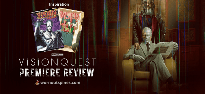 A banner featuring "Visionquest Premiere Review" title, inspiration comics cover of Vision, and two stylized android figures, Vision seated reading a newspaper, the other, Ultron standing behind him.